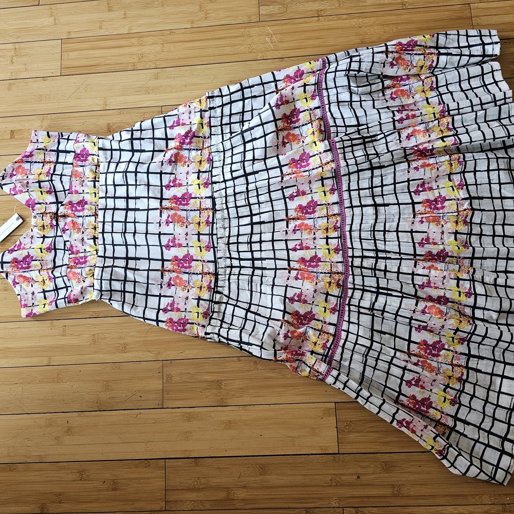 Anthropologie White Grid Maxi Dress with Pink & Yellow Floral Trim - Picture 5 of 8